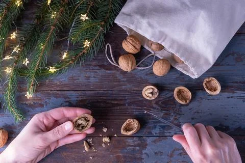 Step by step instructions: DIY golden nut toy. Step 3: In hand, half of a wal Stock Photos