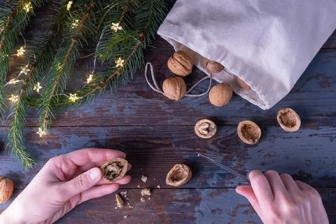 Step-by-step instructions: DIY golden nut tree toy. Step 3: removing the kern Stock Photos