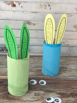 Step by step learning how to make a colored Bunny baby craft Stock Photos