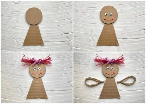 Step by step, lesson homework applique doll made of cardboard. Stock Photos