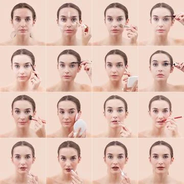 Step by step makeup tutorial grid of a woman applying cosmetics Foto stock