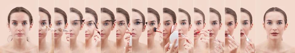 Step by step makeup tutorial montage of young woman applying cosmetics Stock Photos