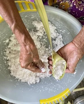 Step by step making lepet, sticky rice inside pandan leaf Stock Photos