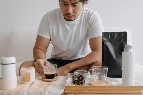 Step by step of man making espresso with hand press tools. Stock-Fotos