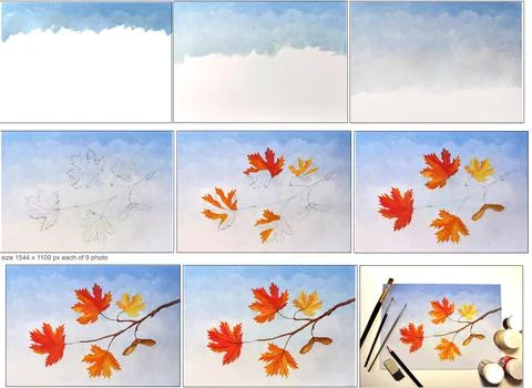 Step by step maple leaves painting fall tutorial. Acrylic drawing lesson school Stock Illustration