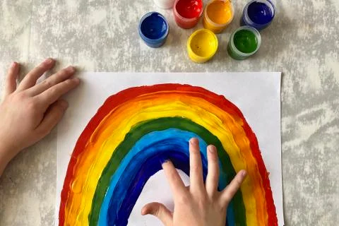 Step by step, master class in paint drawing, Children's drawing rainbow. Stock Photos