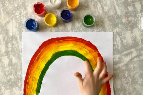 Step by step, master class in paint drawing, Children's drawing rainbow. Stock Photos