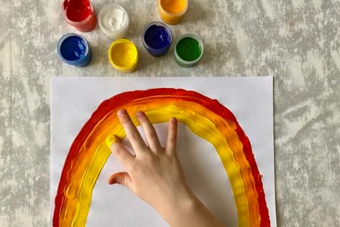 Step by step, master class in paint drawing, Children's drawing rainbow. Stock Photos