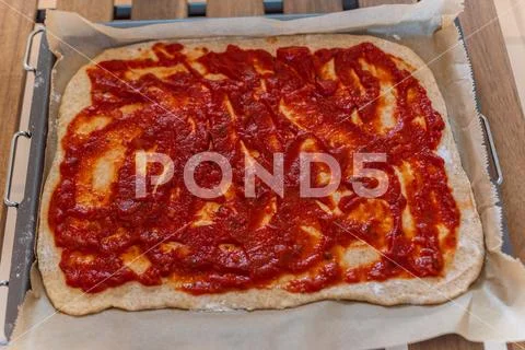Step by step occupation of a pizza dough Stock Photos