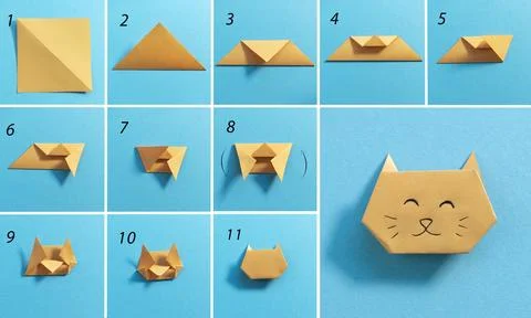 Step by step photo instruction how to make origami paper kitty. Simple diy kids Stock Photos