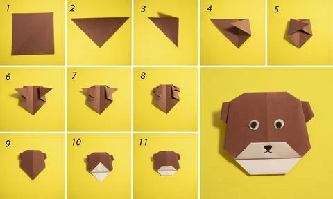 Step by step photo instruction how to make origami paper bear. Simple diy kids Stock Photos