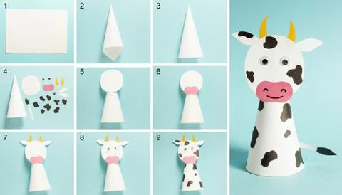 Step-by-step photo instructions on how to make a white bull from paper with your Stock Photos