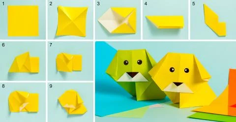 Step-by-step photo instructions on how to make a dog figurine out of paper with Stock Photos