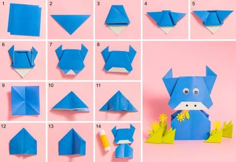 Step-by-step photo instructions on how to make a blue bull from paper with your Stock Photos
