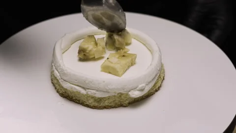 Step by step process of making benta cake with banana filling. Pastry chef Stock Footage 303692321