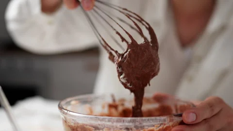 Step-by-step process of making chocolate cake, cupcake, pie. Beating the dou Stock Footage 247364866