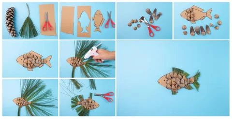 Step by step process of making fish craft with pine cones seed scales and p.. Stock Photos