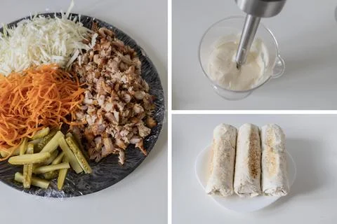Step-by-step process of preparing homemade shawarma: shredded chicken, grat.. Stock Photos