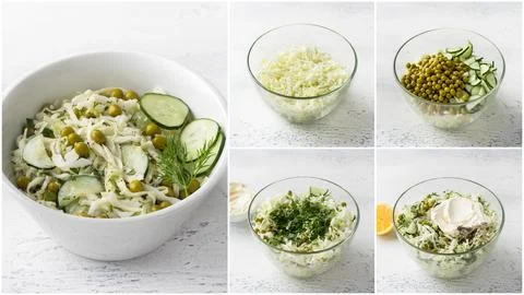Step-by-step recipe for cabbage salad with cucumber, green peas, herbs, and.. Stock Photos