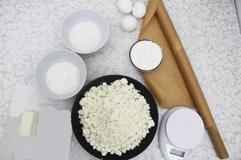 Step-by-step recipe for making cottage cheese casserole. Cottage cheese, butt 스톡 사진