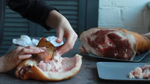 Step-by-step recipe for pork knuckle roll, female cook forms meatloaf Stock Footage 126768999