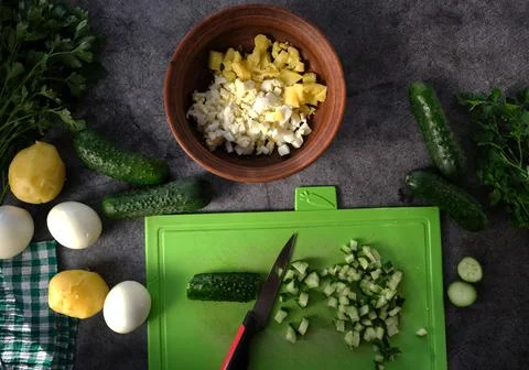 A step by step recipe for Russian cold okroshka, the ingredients. Stock Photos