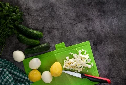 A step by step recipe for Russian cold okroshka, the ingredients. Stock Photos