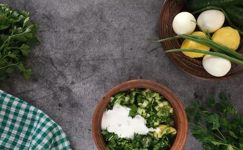 A step by step recipe for Russian cold okroshka, the ingredients. Stock Photos