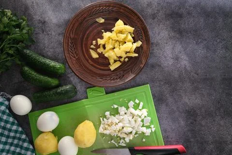 A step by step recipe for Russian cold okroshka, the ingredients. Stock Photos
