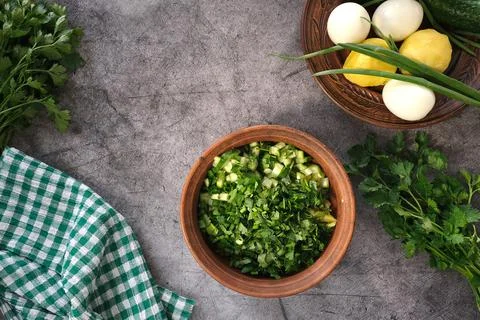A step by step recipe for Russian cold okroshka, the ingredients. Stock Photos