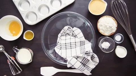 Step by step. Top view. Baking cornbread muffins. Stock Footage 96354053