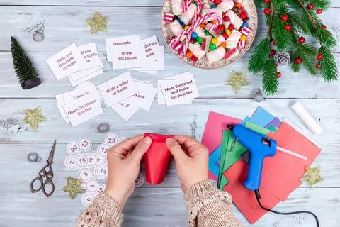 Step by step tutorial 7, making Christmas advent calendar with sweets and Stock Photos