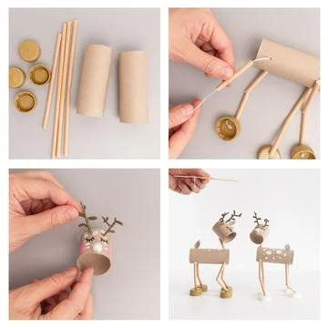 Step-by-step tutorial collage for DIY reindeer puppets made from cardboard .. 写真素材