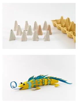Step-by-step tutorial for crafting a colorful lizard from recycled cardboar.. Foto stock