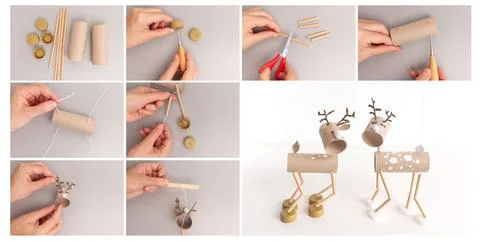 Step-by-step tutorial for creating DIY reindeer puppets using cardboard tub.. Stock Photos