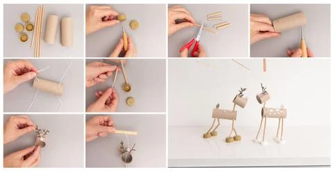 Step-by-step tutorial for creating DIY reindeer puppets using cardboard tub.. 写真素材