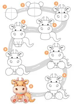 Step by step tutorial on drawing a dinosaur. Stock Illustration