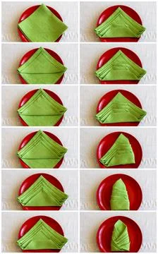 Step-by-step tutorial: Fold green linen napkin in shape of Christmas tree. New Stock Photos