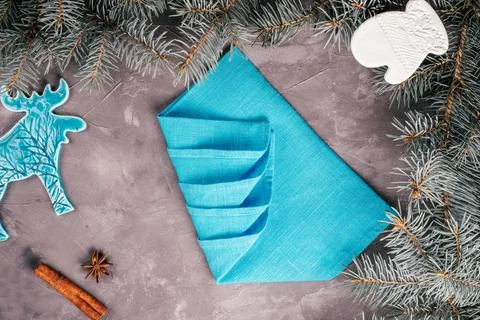 Step-by-step tutorial: Fold linen napkin in shape of Christmas tree. Step 5:  Stock Photos