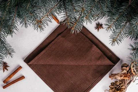 Step-by-step tutorial: Fold linen napkin in shape of Christmas tree. New Year Stock Photos
