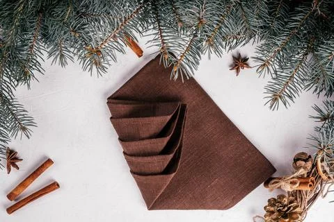 Step-by-step tutorial: Fold linen napkin in shape of Christmas tree. New Year Stock Photos
