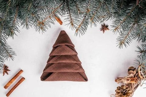 Step-by-step tutorial: Fold linen napkin in shape of Christmas tree. Step 9:  Stock Photos