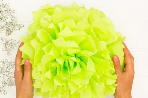 Step by step tutorial. Green fluffy pom-pom from tissue paper on a white wood Stock Photos