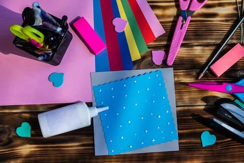 Step by step tutorial on making a cardboard greeting card. How to make a pape Stock Photos