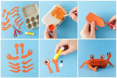 Step-by-step tutorial for making a crab craft from an egg carton and paper .. Stock Photos