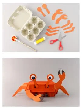 Step-by-step tutorial for making a crab craft from an egg carton and paper .. Stock Photos