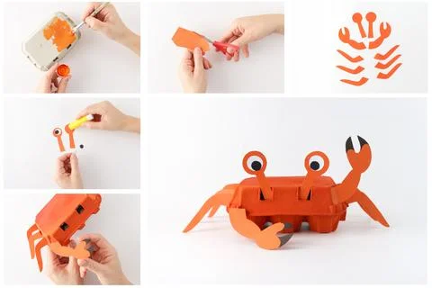 Step-by-step tutorial for making a crab craft from an egg carton and paper .. 스톡 사진