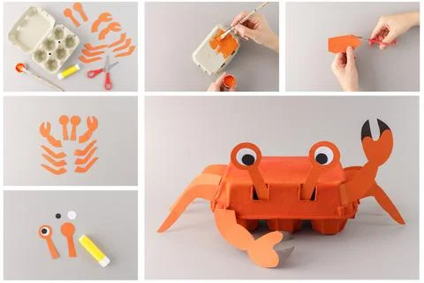 Step-by-step tutorial for making a crab craft from an egg carton and paper .. Stock Photos