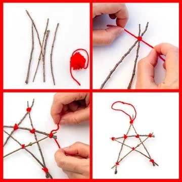 Step-by-step tutorial on making a star-shaped ornament from sticks and red .. Stock Photos