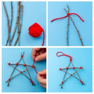 Step-by-step tutorial on making star-shaped ornament from sticks and red ya.. Stock Photos
